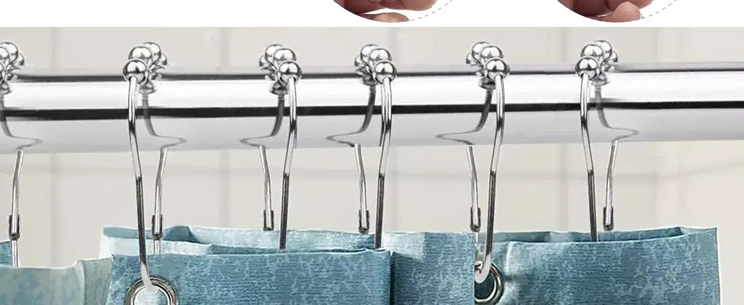 Roller-ball shower curtain rings supporting a curtain and towels