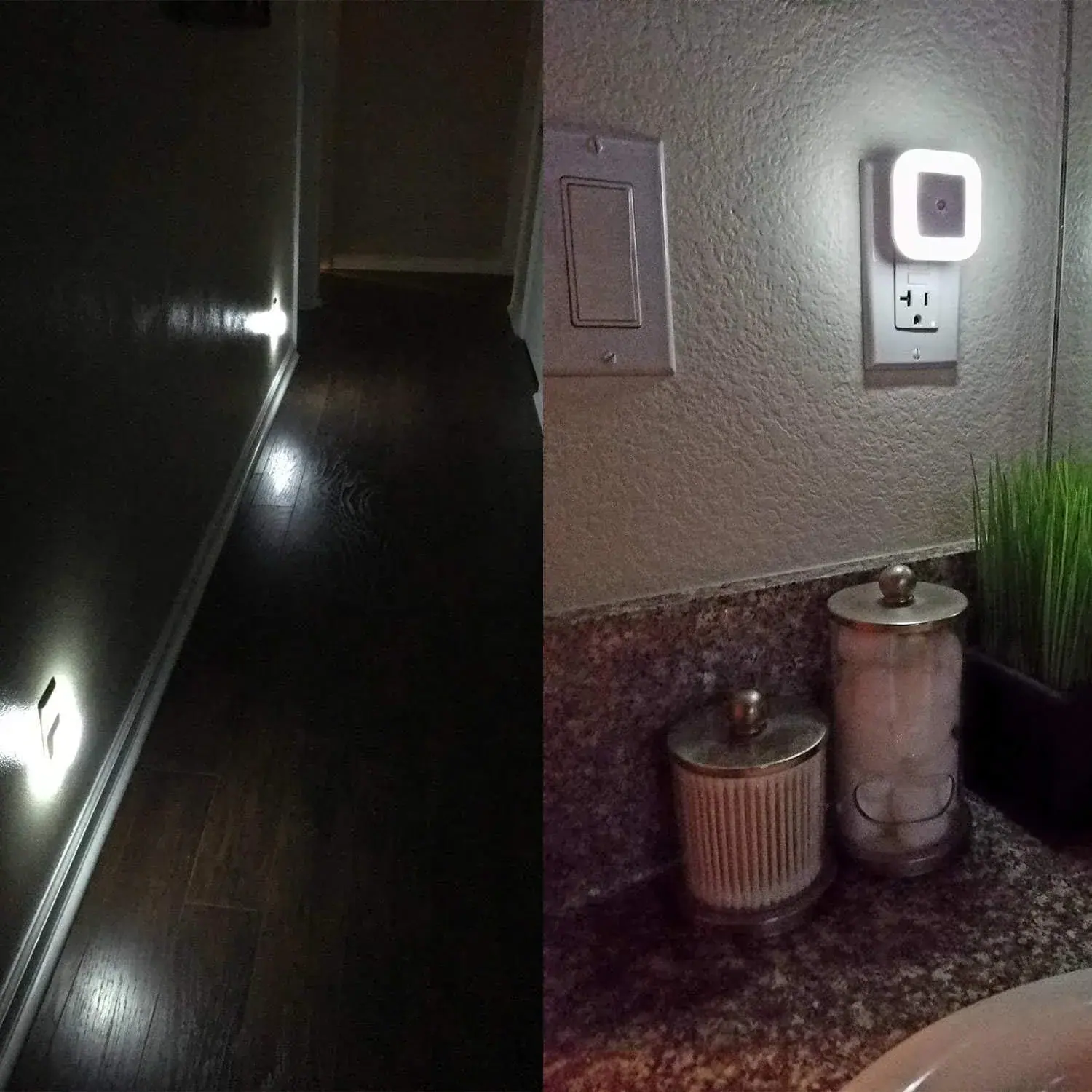 Plug-in LED night lights illuminating stairs, with a close-up of a glowing square night light on an indoor wall