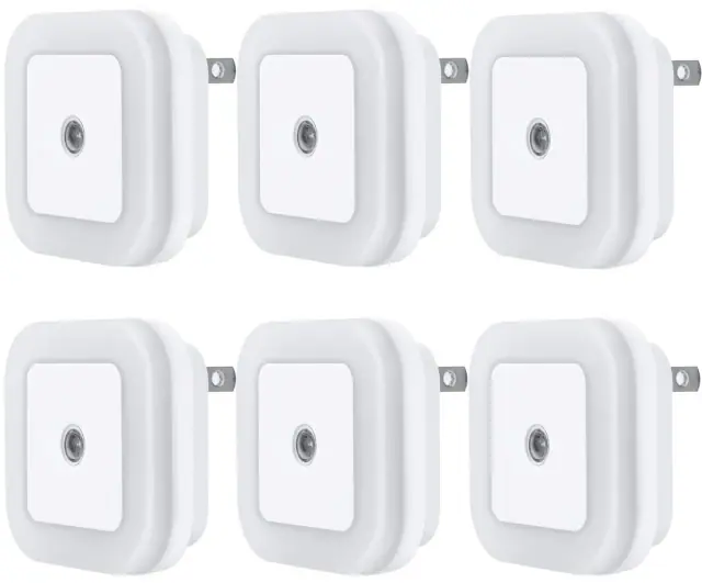 Six white square plug-in LED night lights with front light sensors