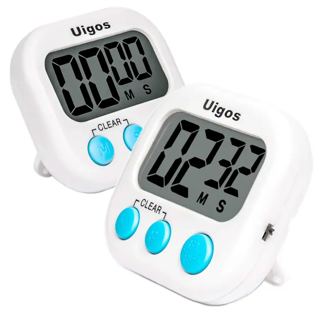 Two white Uigos digital timers with large displays and blue buttons