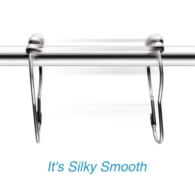Two chrome shower curtain hooks hanging from a metal rod