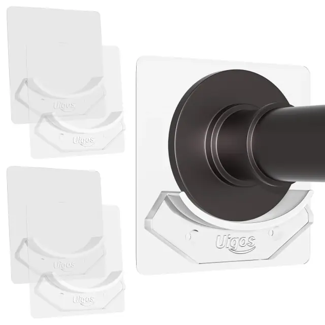 Transparent wall-mounted rod retainers and a close-up of a shower rod end